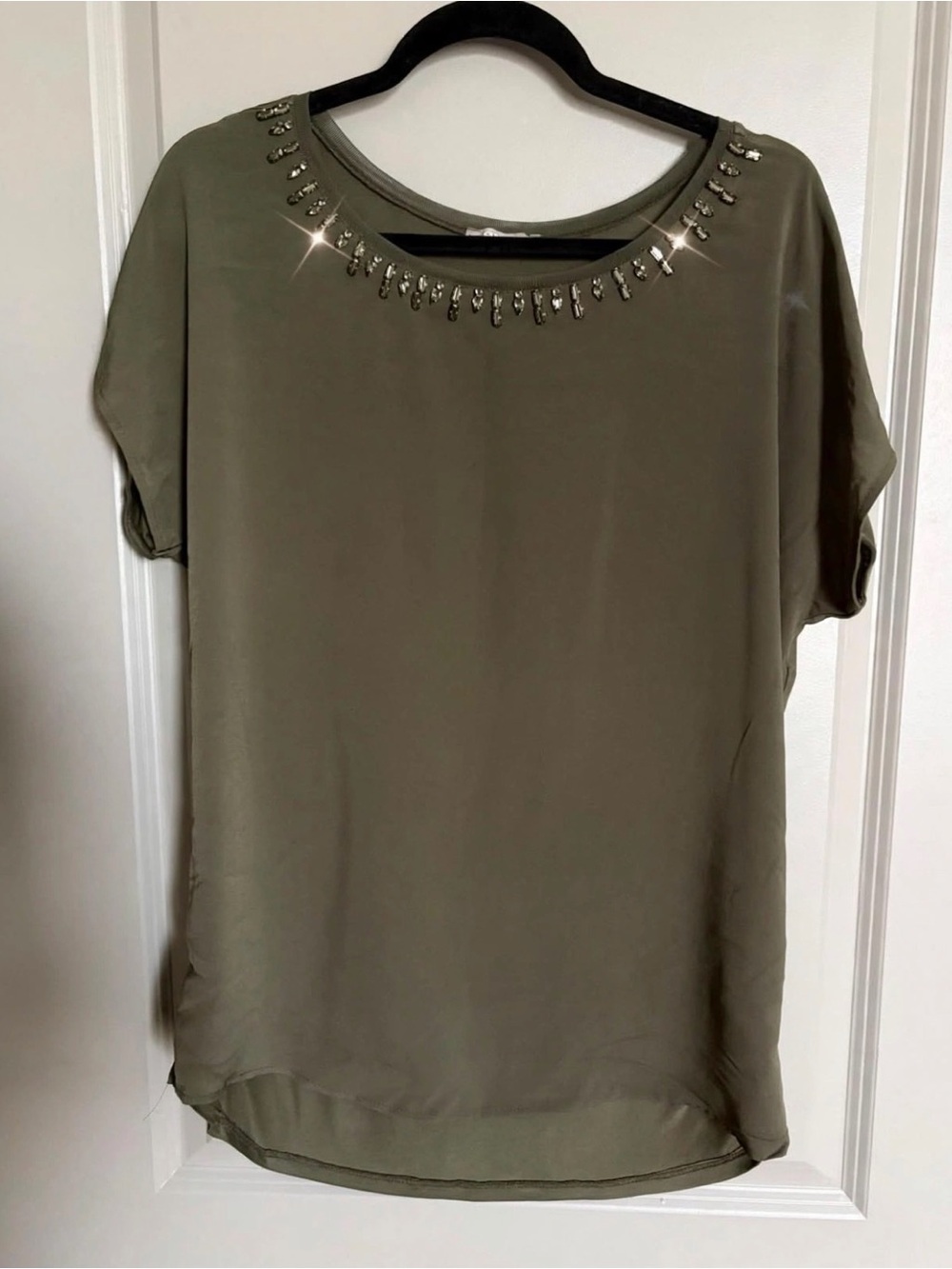 Women's Olive Green Jeweled Collar Blouse